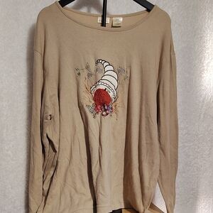 Bobbie Brooks Tan Long Sleeve Top with Embroidered Cornucopia